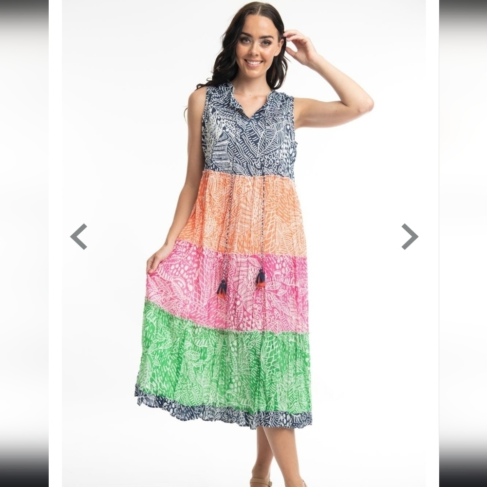 Orientique Naturally Leros Multi Colour Tiered Maxi Dress Sz M